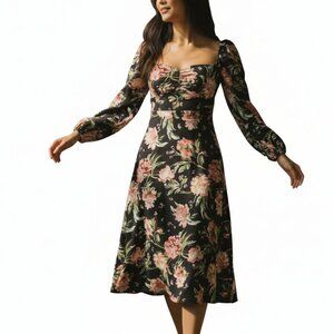 Misguided Black Floral Puff Sleeve Midi Slit Dress Sweetheart Neckline Boho Sz 4